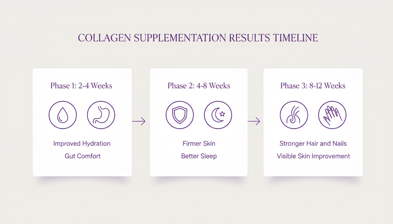 Collagen supplementation results timeline — improved hydration and gut comfort at 2–4 weeks, firmer skin and better sleep at 4–8 weeks, stronger hair, nails, and visible skin improvement at 8–12 weeks