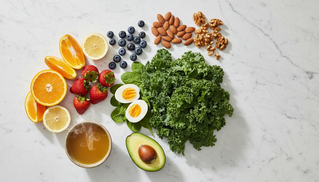 Flat lay of collagen-supporting foods — citrus fruits, berries, leafy greens, eggs, nuts, avocado, and bone broth on a marble surface
