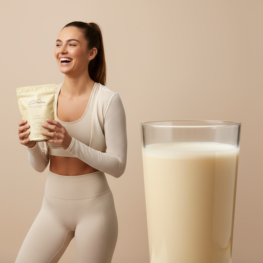 Woman holding plant protein pouch and glass