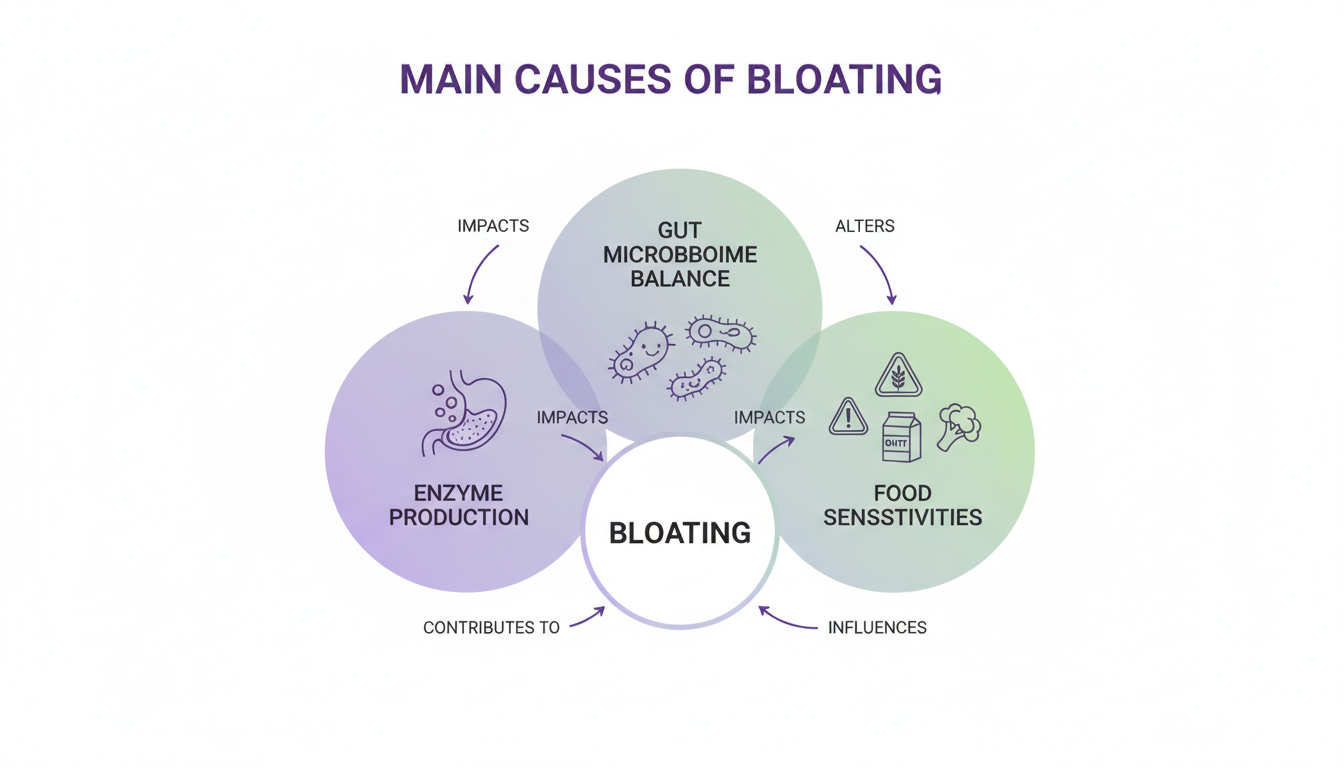 Diagram showing the main causes of bloating including enzyme production, gut microbiome balance, and food sensitivities