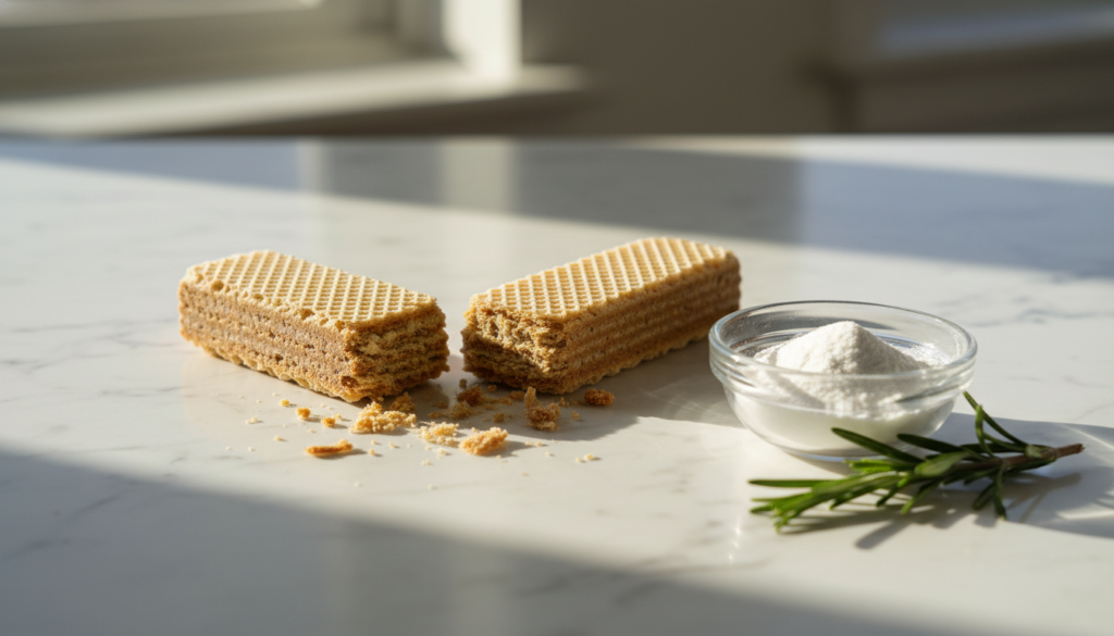 Collagen snacks - wafer bar with collagen powder in golden light