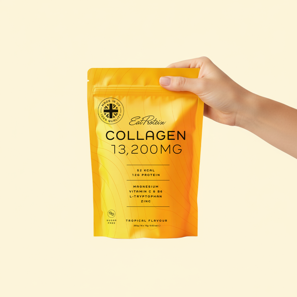 Hand holding EatProtein collagen pouch