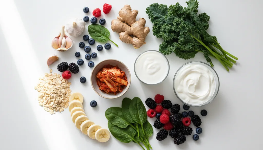 Best foods for gut health - kimchi, yoghurt, kefir, blueberries, spinach, kale, garlic and ginger
