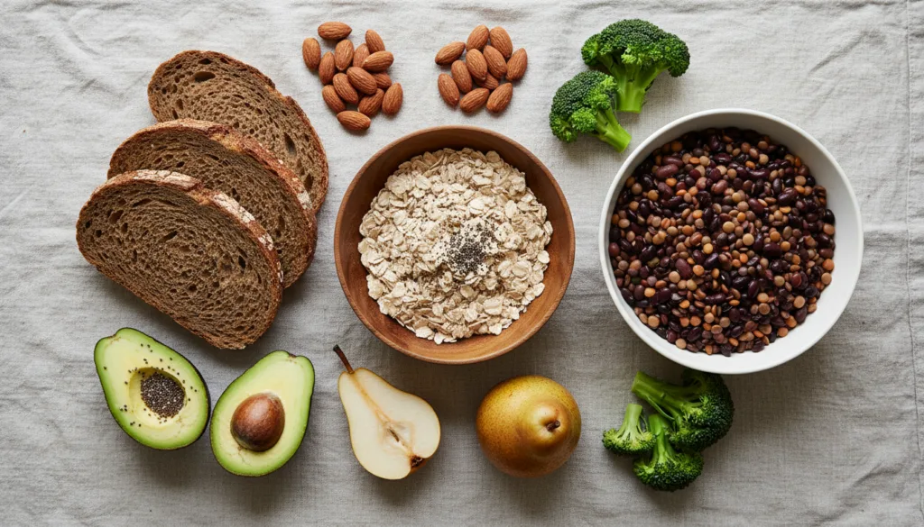 High fibre foods - wholegrain bread, oats, mixed lentils, avocado, broccoli, almonds and pear on linen