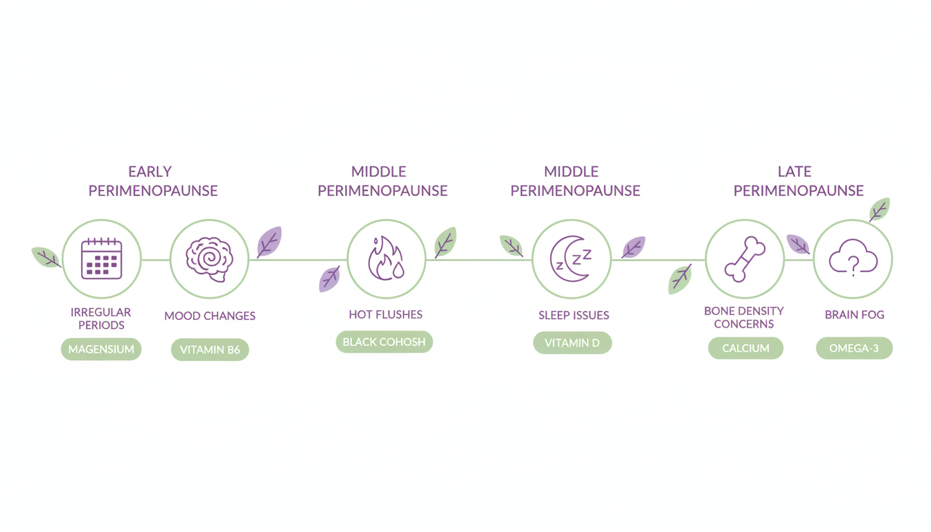 Illustrated timeline showing common perimenopause symptoms and which supplements help at each stage