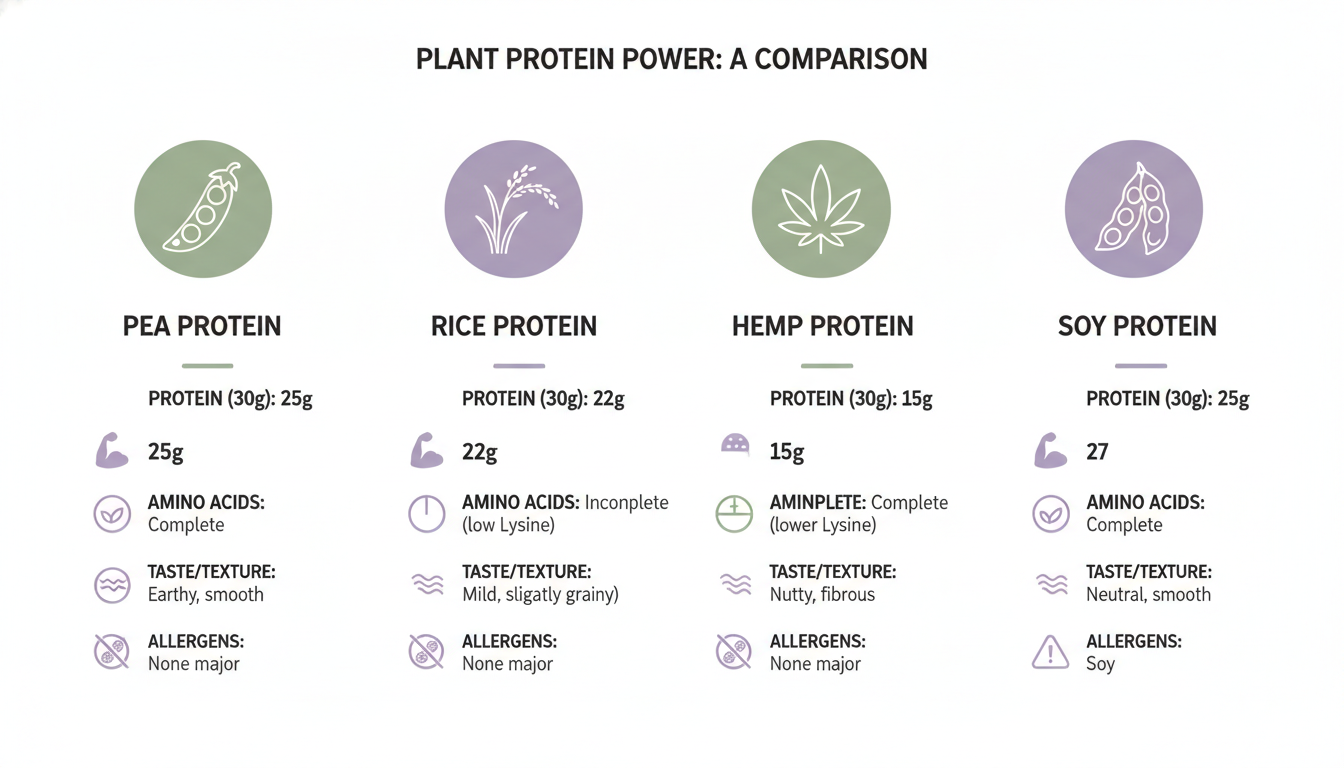 Side-by-side comparison chart of plant protein sources showing protein content, amino acid profiles, and taste