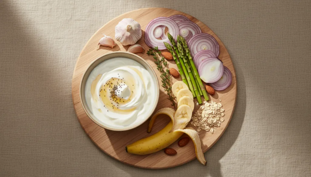 Prebiotics vs probiotics - yoghurt with prebiotic-rich foods including garlic, onions, asparagus and oats