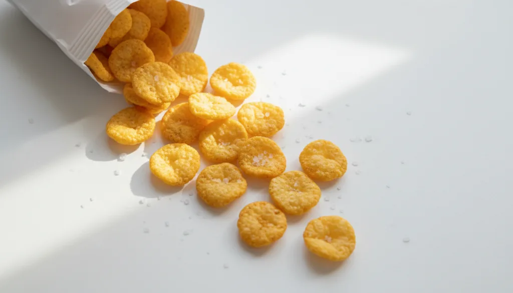 Protein crisps - golden crispy crisps with sea salt on white surface