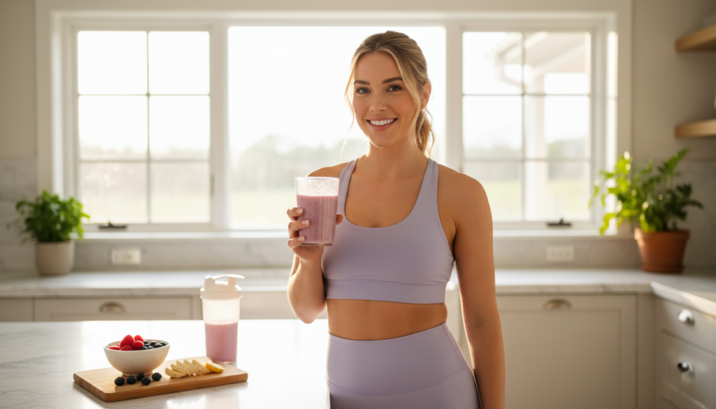 Woman in purple activewear holding a pink protein smoothie in a sunlit kitchen with fresh berries