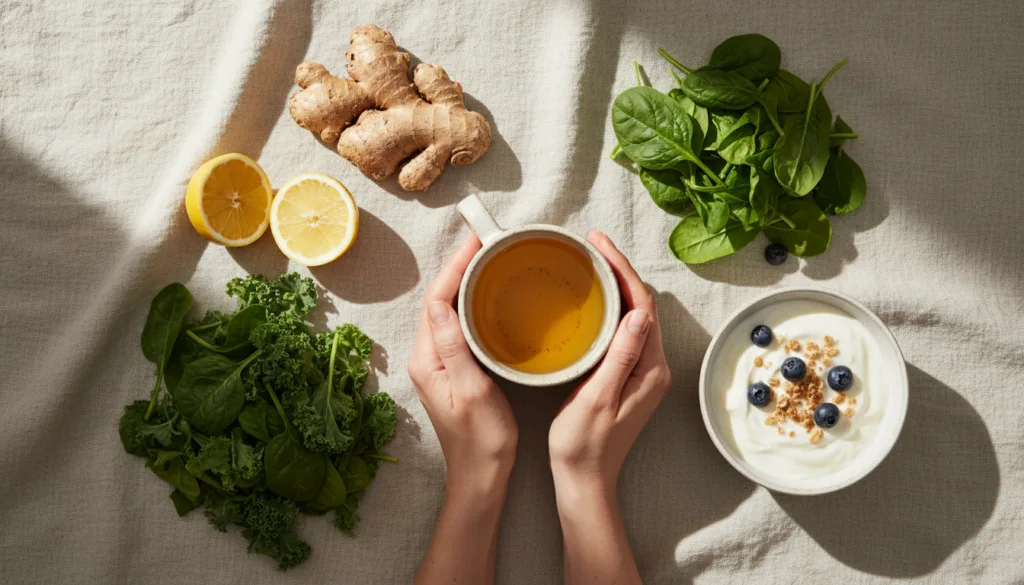 Signs of an unhealthy gut - herbal tea with ginger, lemon, leafy greens and yoghurt