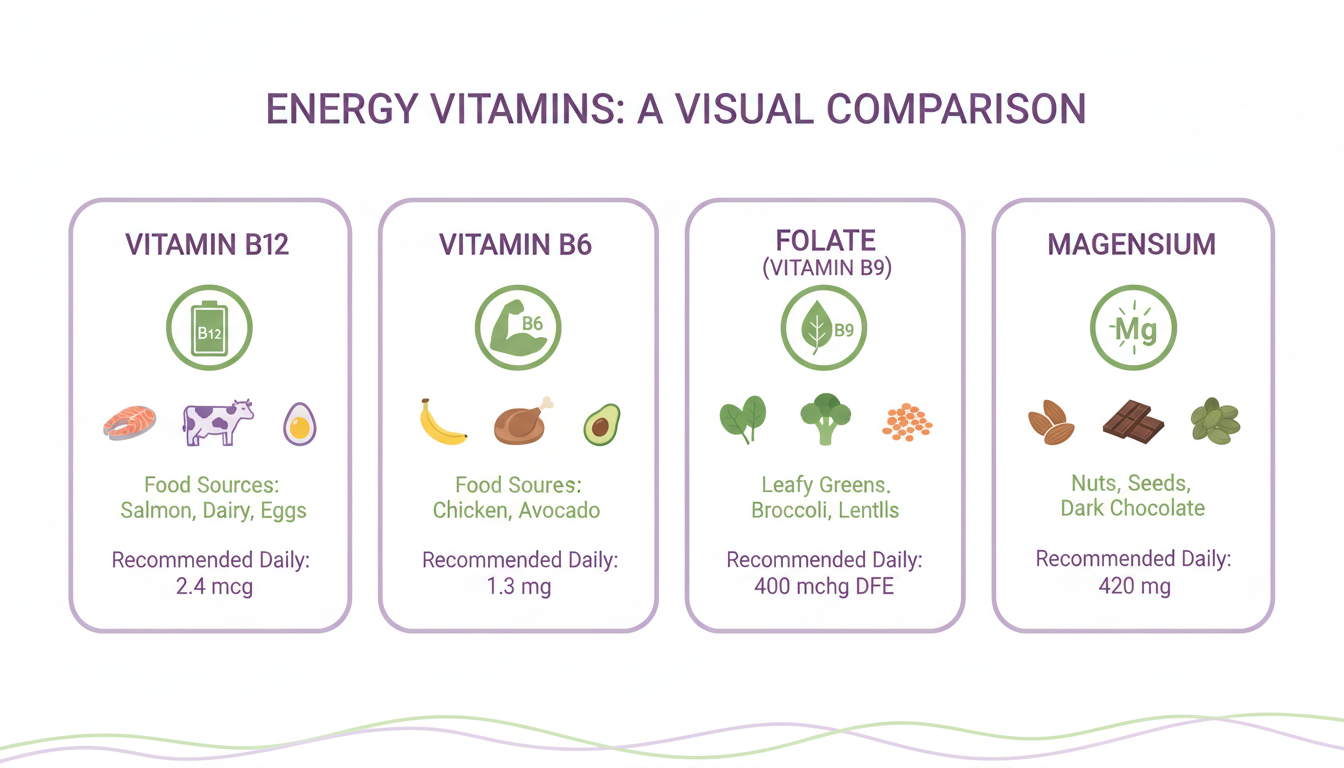 Visual comparison of key vitamins for energy including B12, B6, folate, and magnesium with food sources and daily amounts