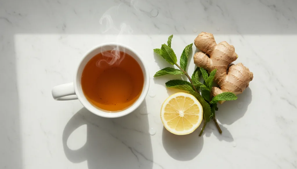 Why am I bloated - soothing ginger tea with fresh ginger, mint leaves and lemon
