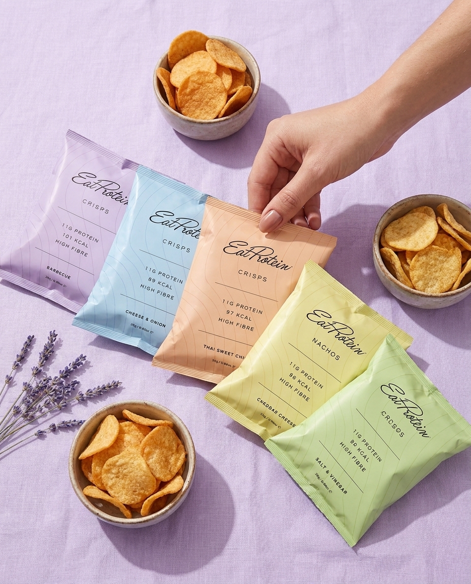 Hand choosing an EatProtein protein crisp flavour from the range beside bowls of crisps