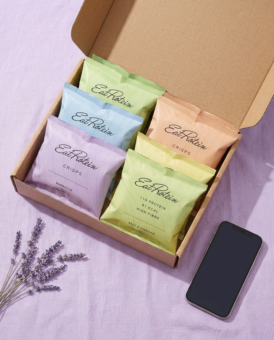 EatProtein protein crisps taster box delivered in a kraft box with a phone to reorder