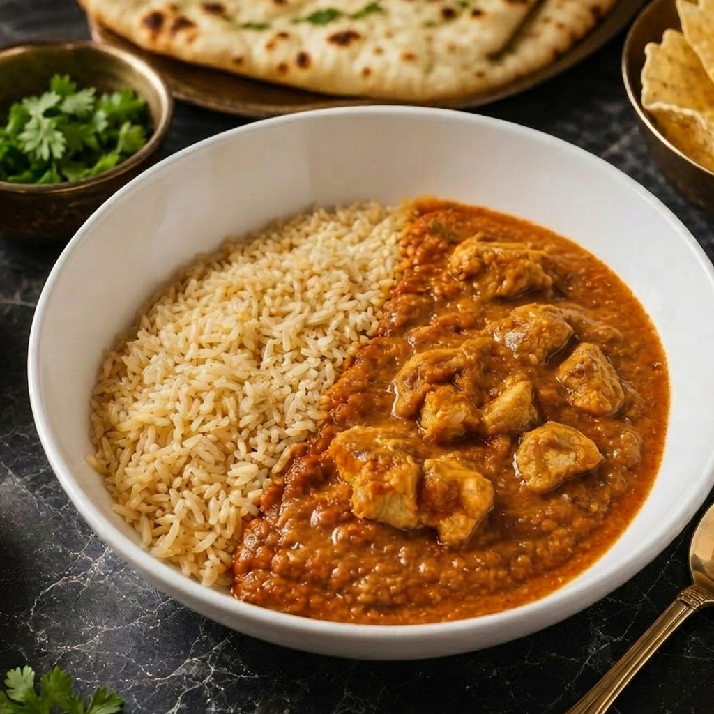 Chicken tikka masala with brown rice in a bowl